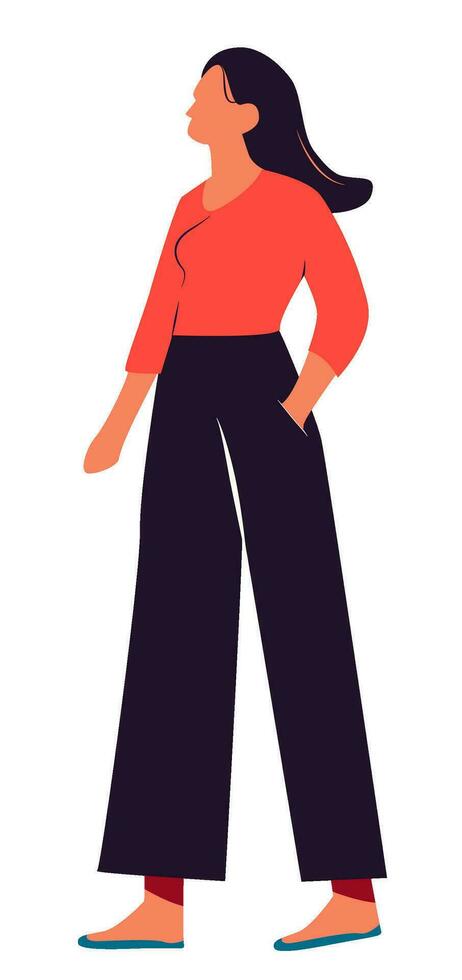 Woman standing posture with loose fit business casual wear on flower background vector in flat style