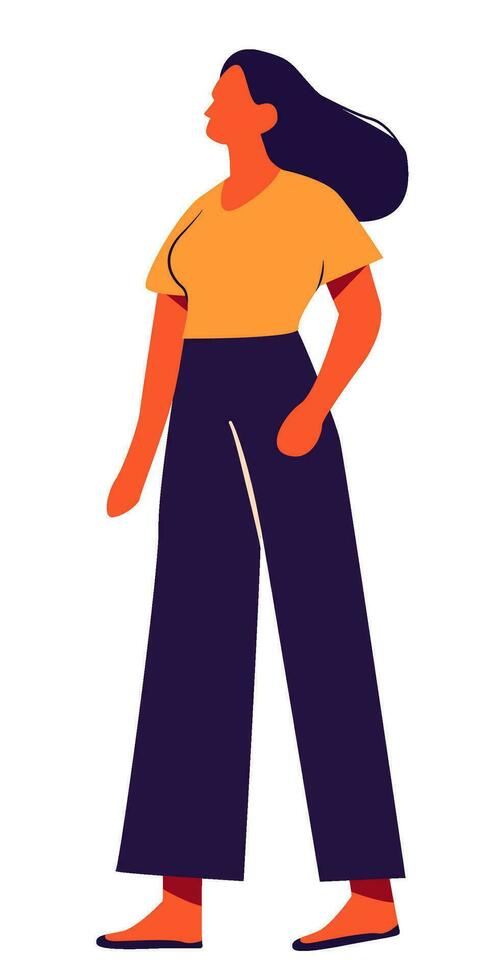 Woman standing posture with loose fit business casual wear on flower background vector in flat style