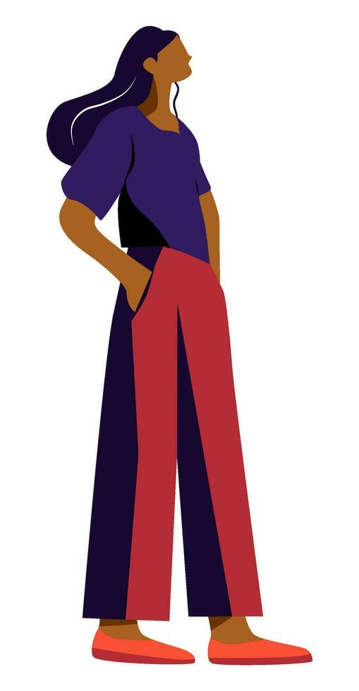 Woman standing posture with loose fit business casual wear on flower background vector in flat style