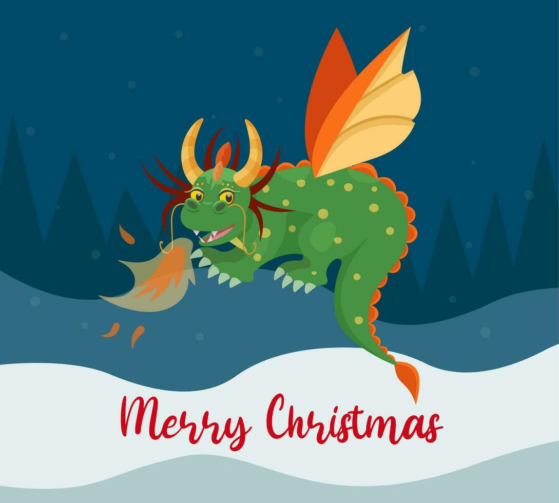 Year of the Dragon. Happy New Year 2024 greeting card. Cute green dragon. Happy New Year, dragon. Chinese symbol for 2024. Vector. vector