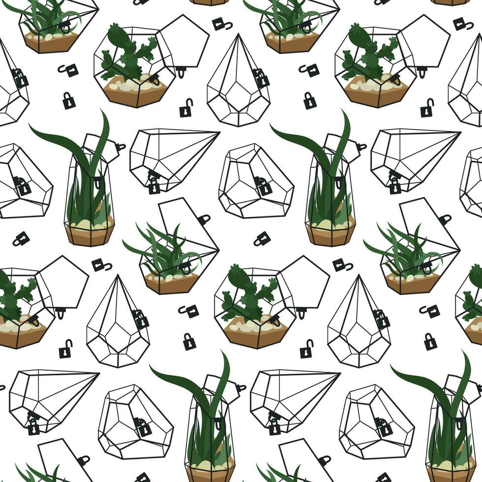 Set of beautiful indoor and outdoor terrariums with and without flowers. Vector illustration of a glass florarium of various geometric shapes with plants and empty, open locks with keys on a white.