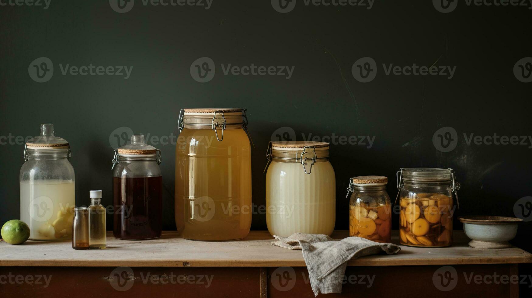 AI generated Generative AI, Homemade fermented kombucha drink, healthy tea, natural probiotic flavored drink photo