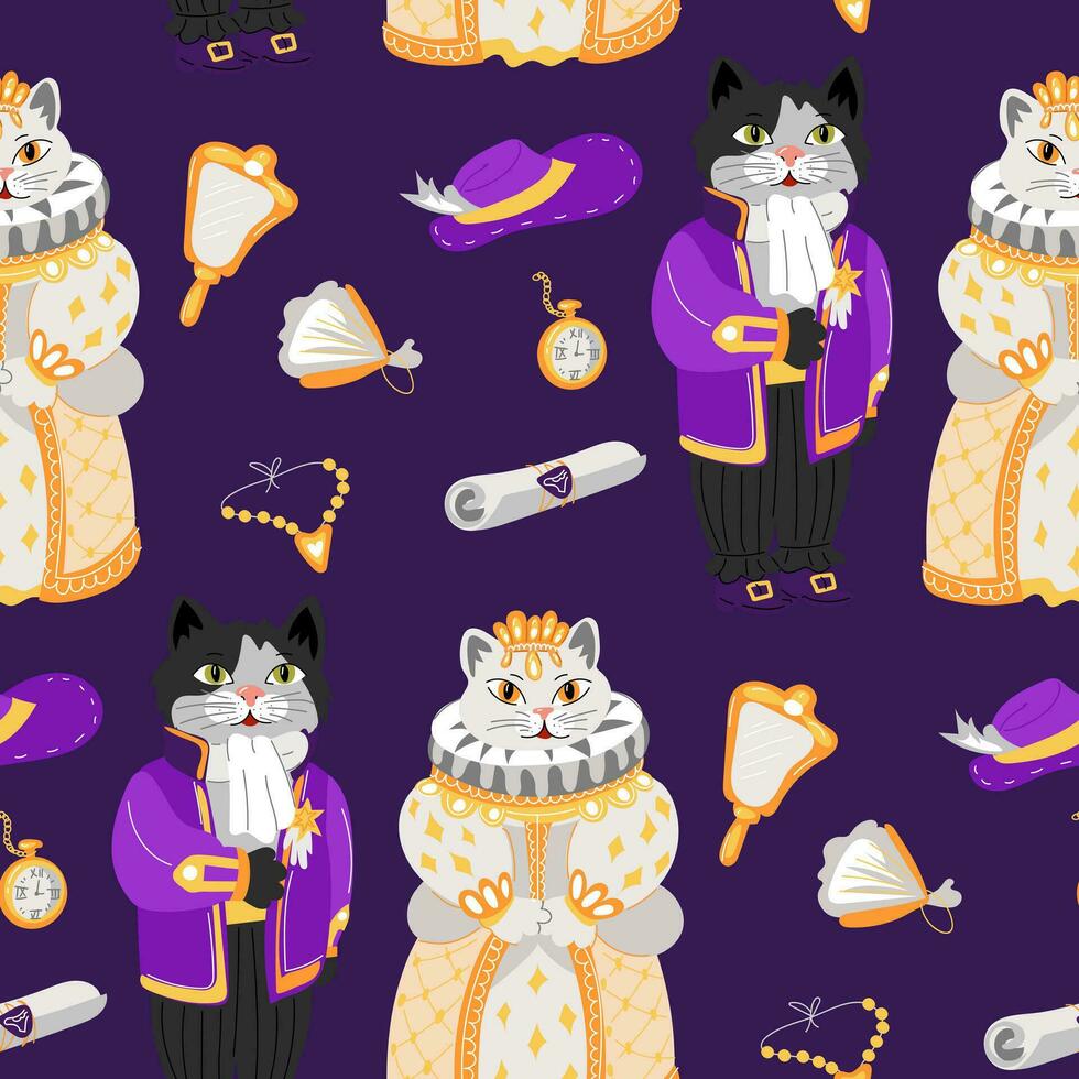 Pattern of a cat and a kitty in retro costumes for the ball. The outfits of the queen and the courtier of the 19th century. Animals in ballroom outfits and objects Necklace, letter, hat, mirror, watch vector