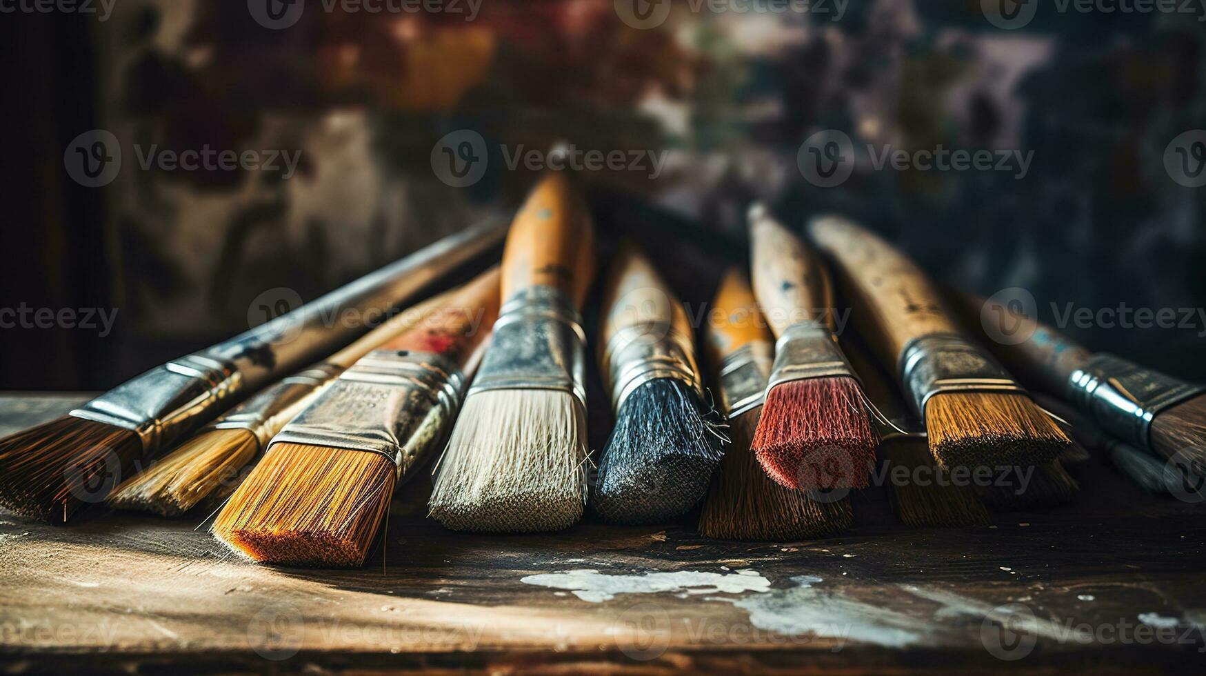 ai generado generativo ai, vistoso usado cepillos en un del artista estudio, estético apagado colores foto