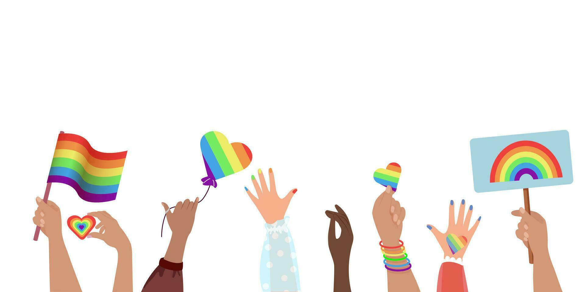 Hands holding lgbt flag, lgbt symbol. People crowd with rainbow flag, rainbow hearts and hearts, lgbtq community, pride month. Gay parade placards vector illustration background with copy space.