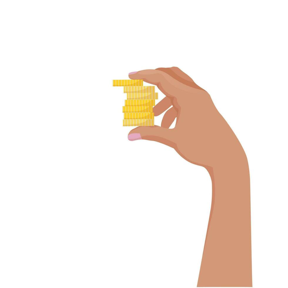 Hand holding coins. Human hand holding stack of gold coins. Money, investment, payments, saving money concept. Flat vector illustration isolated on white background.