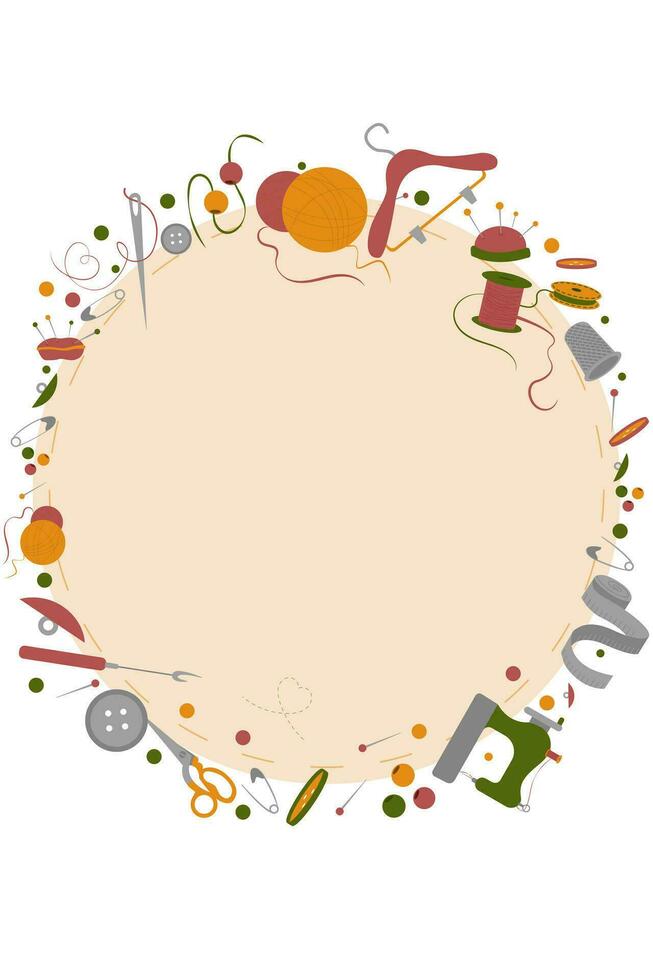 Round frame with sewing accessories and embroidery items isolated on a white background. Embroidery threads, buttons, needles with place for your text. vector