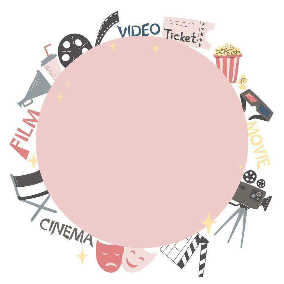 Movie theme. Vector illustration of round frame with movie cinema attributes equipment isolated on white and copy-space in the middle. World cinema day, cinemas, design, card, poster concept.