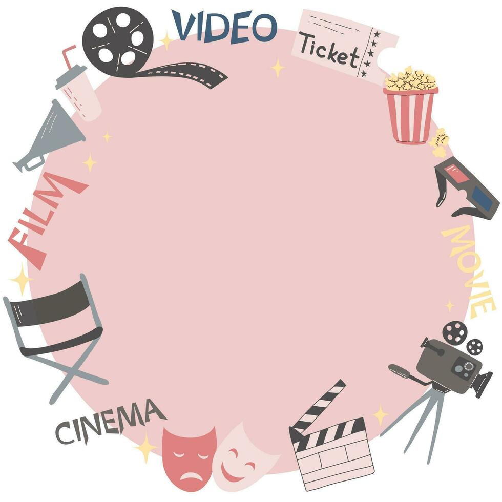 Vector illustration of round frame with movie cinema attributes equipment isolated on white and copy-space in the middle. World cinema day, cinemas, design, card, poster concept.
