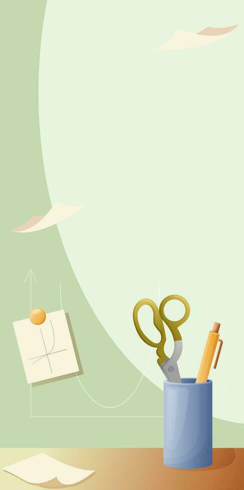 vertical banner template with different studying supplies - paper, scissors, pen. Vector illustration background with copy space. School items design for poster, social media, cover, web app.