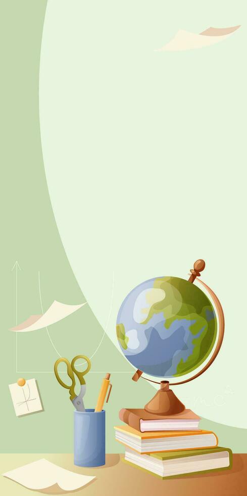 School background for poster, cover, banner. School supplies - stack of books, globe, pen, scissors, papers, symbols and elements. Template for school theme background copy space. vector illustration