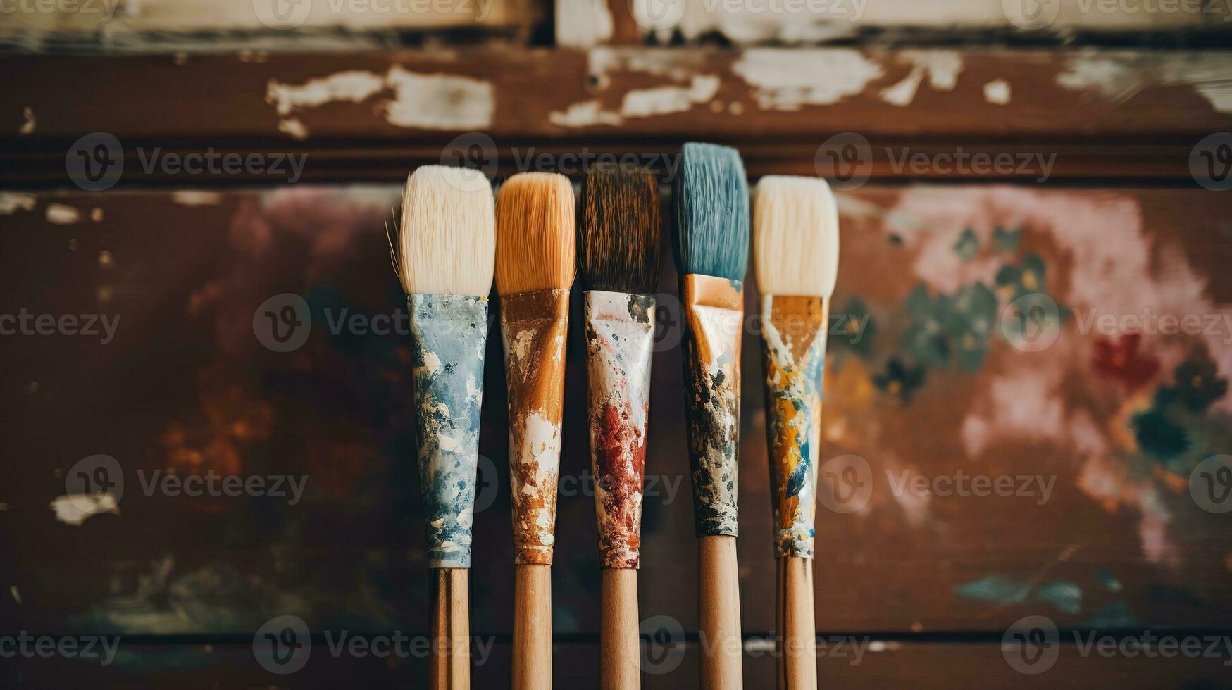 AI generated Generative AI, colorful used brushes in an artist's studio, aesthetic muted colors photo