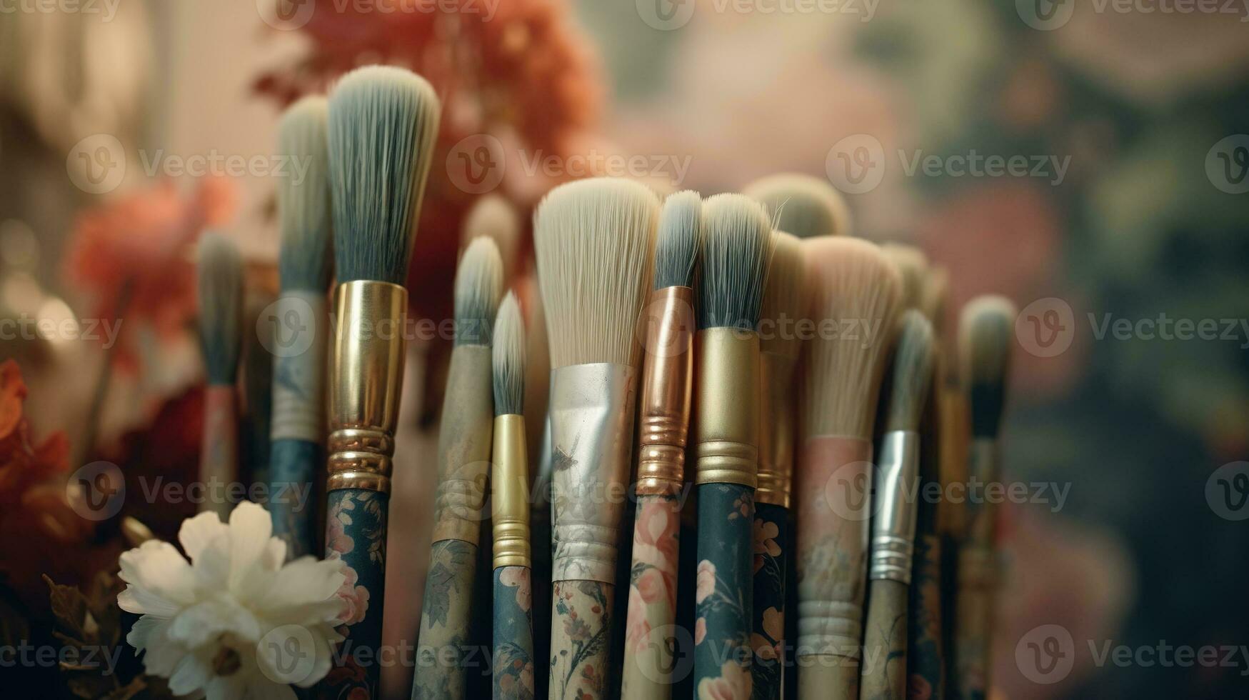 AI generated Generative AI, colorful used brushes in an artist's studio, aesthetic muted colors photo