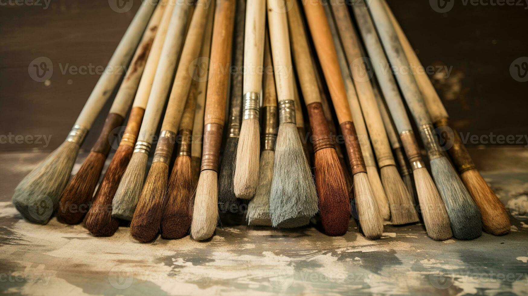 AI generated Generative AI, colorful used brushes in an artist's studio, aesthetic muted colors photo