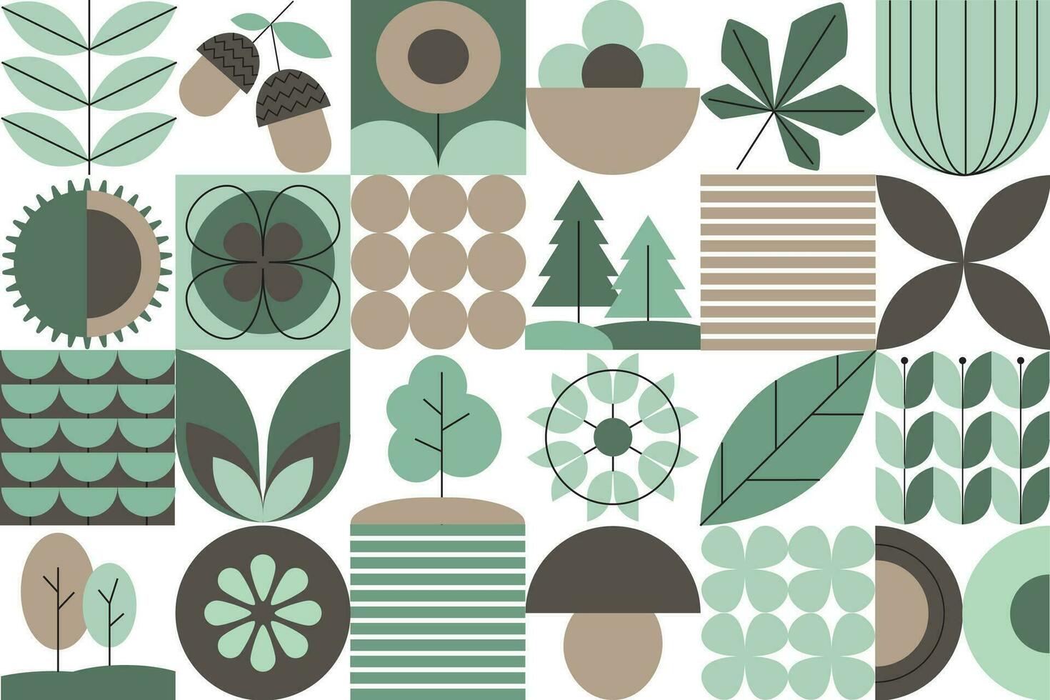 Plants and flowers in Bauhaus style . Minimalistic geometric pattern. Abstract geometric pattern.  Natural organic forest plants Vector illustration