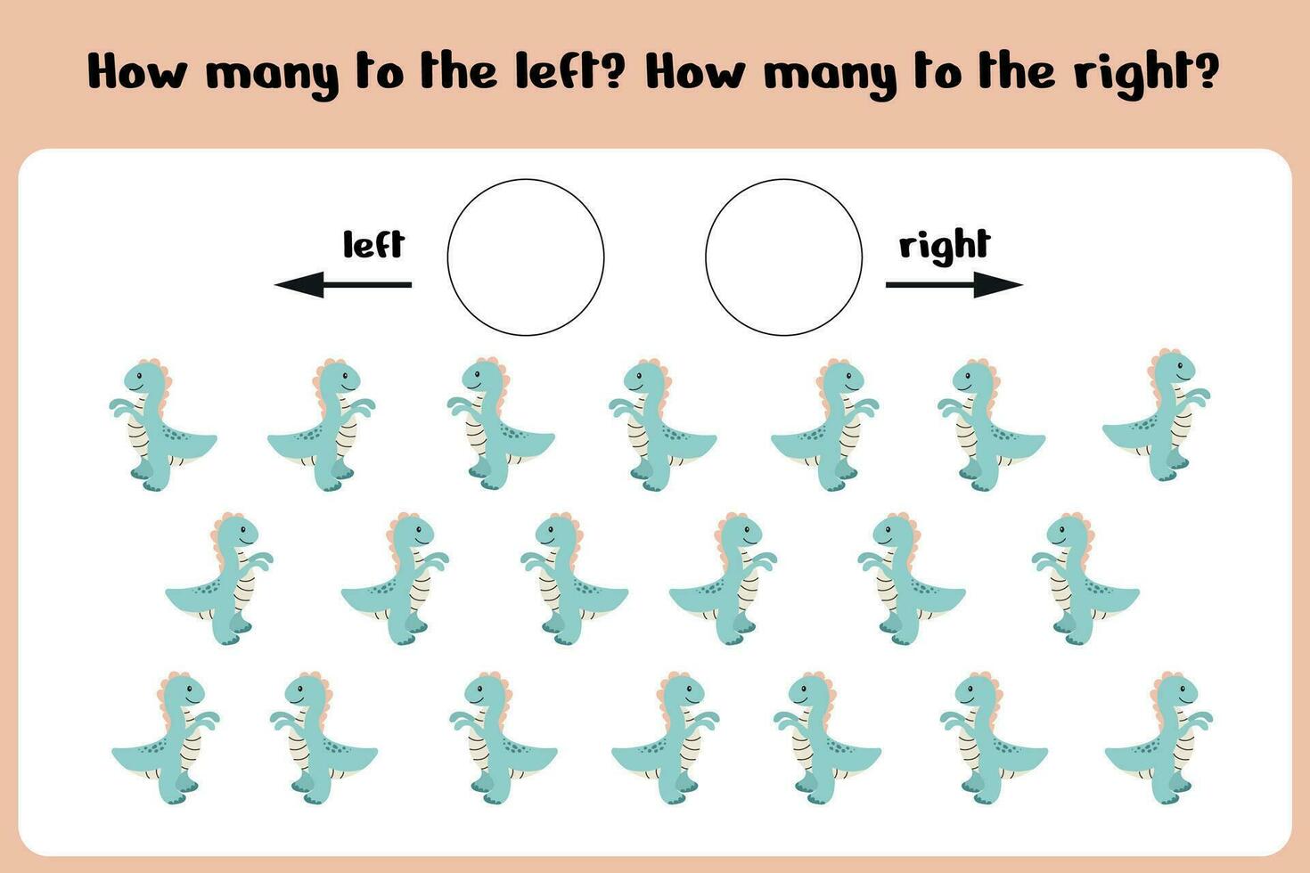 Count how many dinos go to the right and left Logical game for children Left-right. Training sheet.  Vector illustration