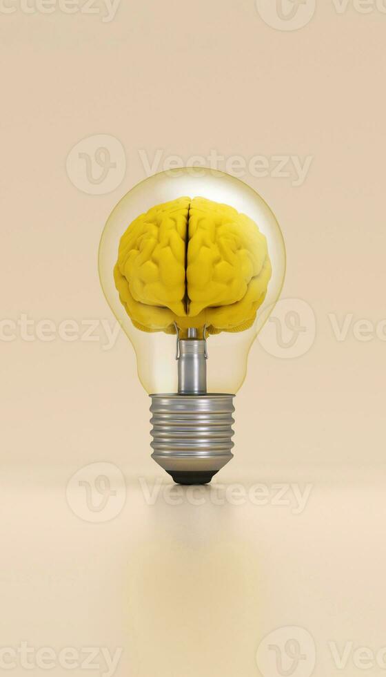 Light bulb with a brain inside illuminated on yellow background. Innovation concept. photo