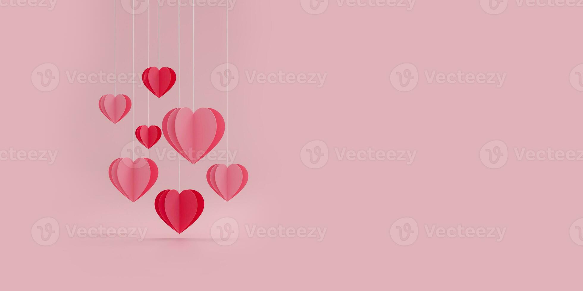 Panoramic of Paper cur Heart balloon floating on Pink background. Happy Valentine's Day. photo