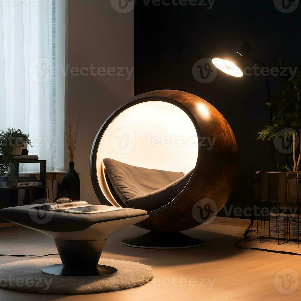 AI Generated Living room ecohouse interior, creating a calm and relaxing atmosphere surrounded by natural beauty. photo
