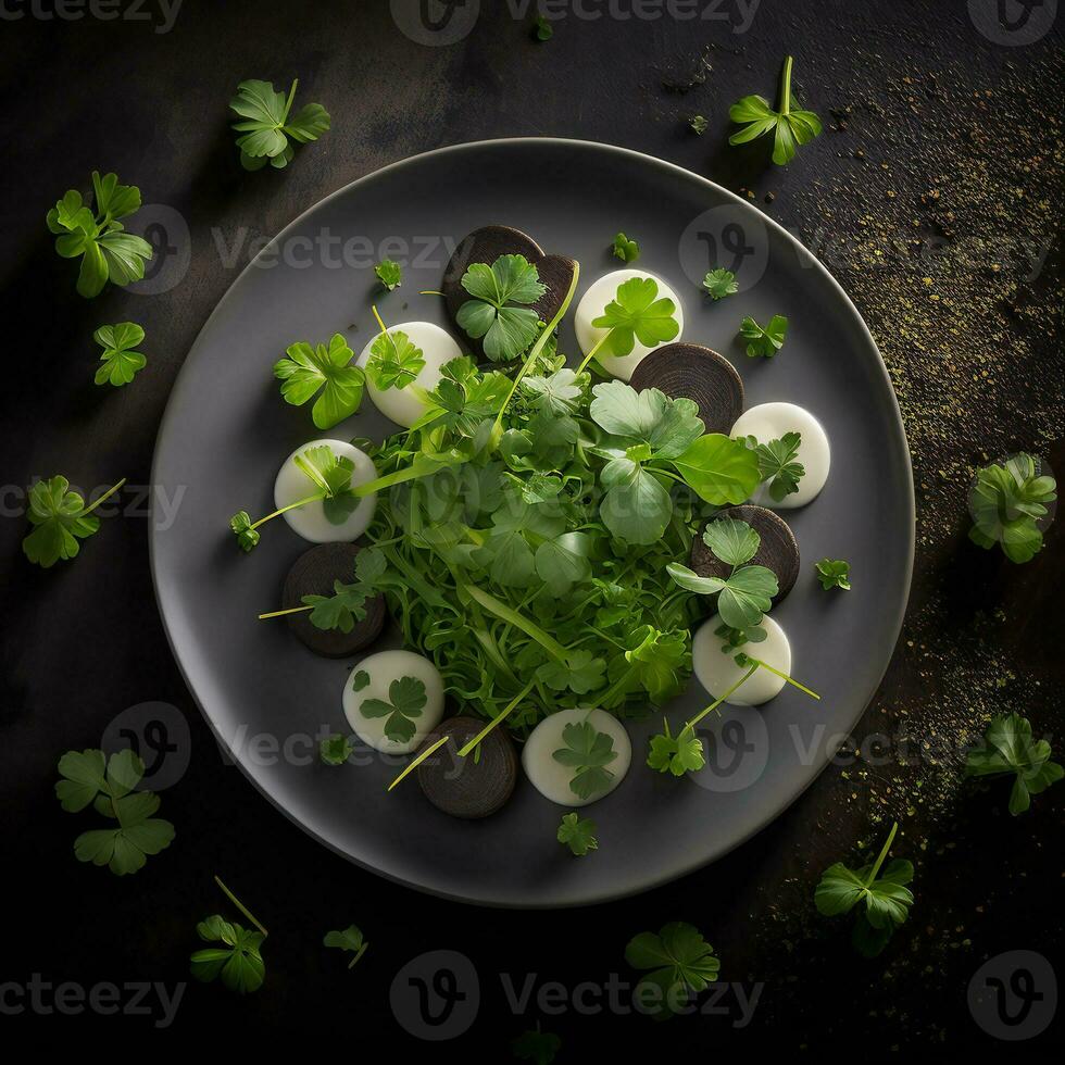 AI Generated green salad with radish beets on a black plate beautiful table setting photo