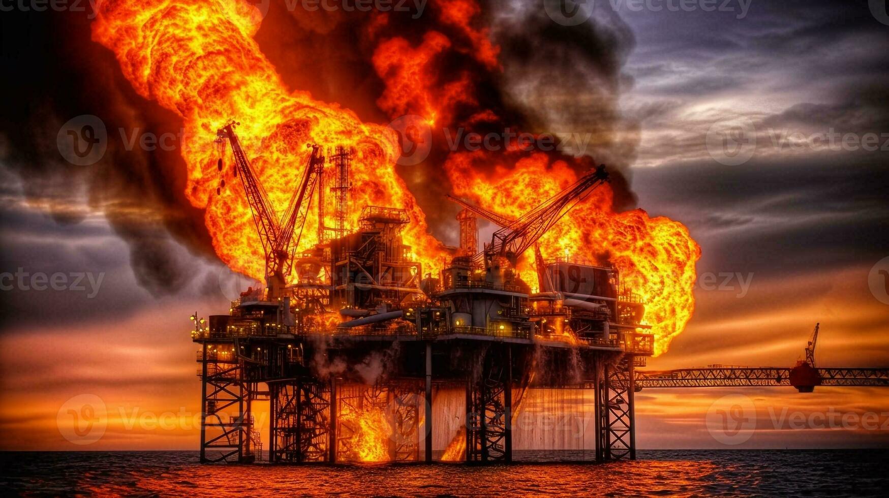 AI Generated Fire on Oil Platform in Open Sea at Night photo