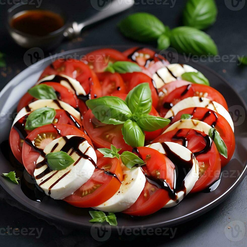 AI Generated Caprice salad. Tomatoes and mozzarella cheese with pesto sauce, spinach leaves on a black plate on the table photo