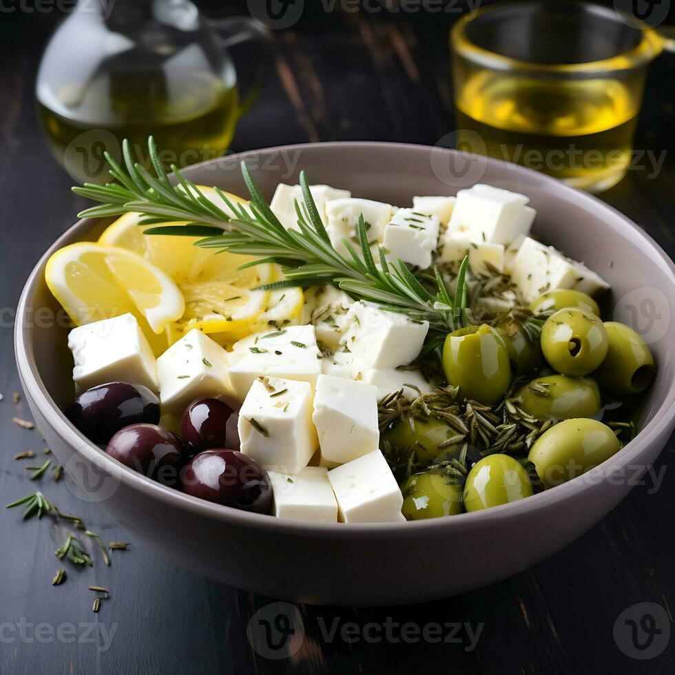 AI Generated Green olives, black olives, feta cheese and mozzarella, lemon, rosemary. Summer salad is a delicious appetizer photo