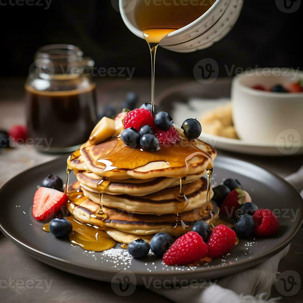 AI Generated American pancakes with fresh berries in caramel syrup. Delicious breakfast photo