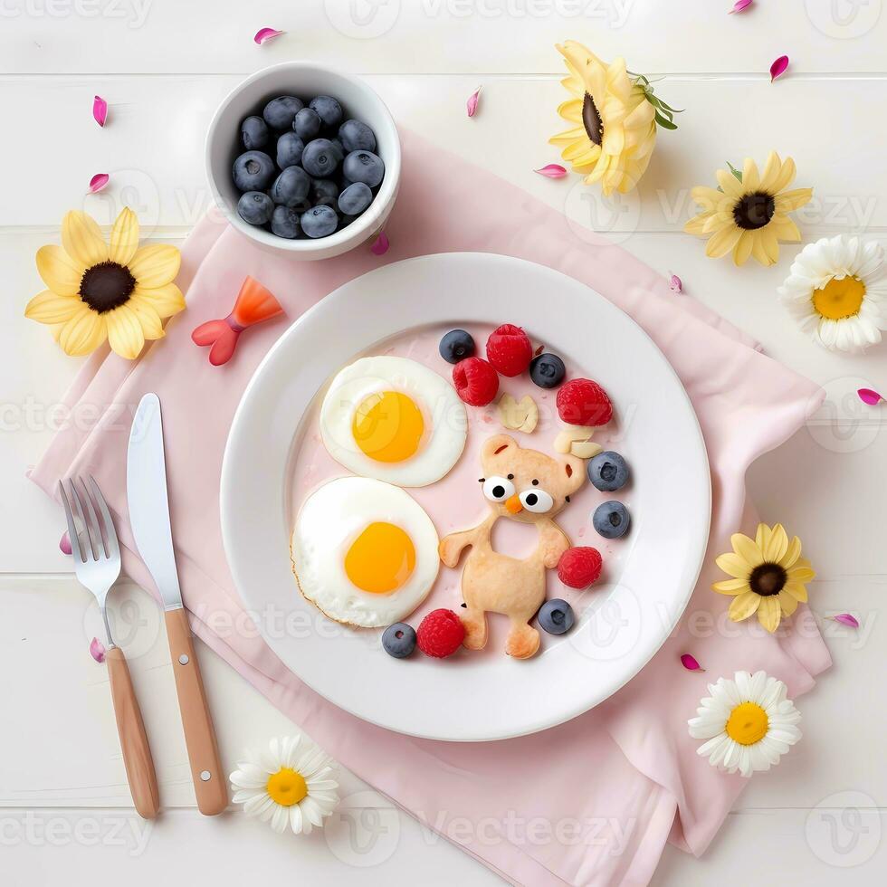 AI Generated Children healthy breakfast eggs blueberries raspberries Beautiful table setting photo