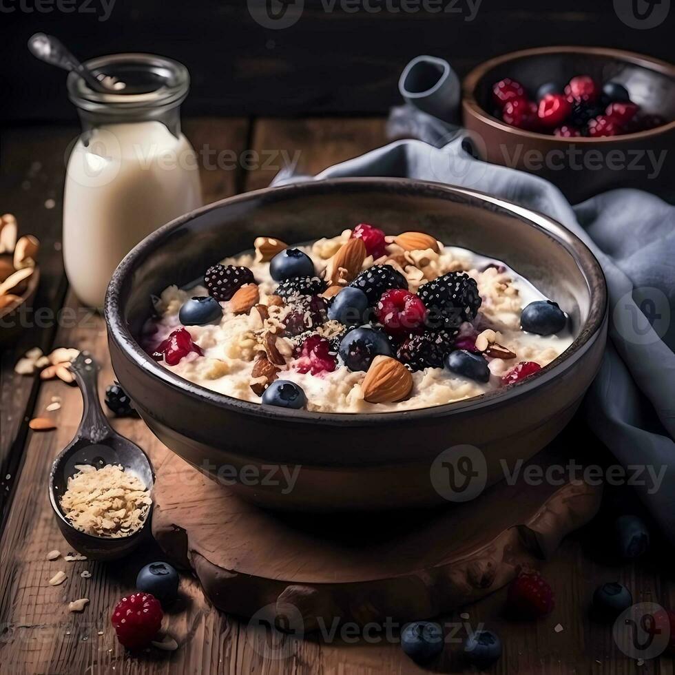 AI Generated Healthy breakfast oatmeal with nuts and wild berries raspberries blueberries, blueberries, milk photo