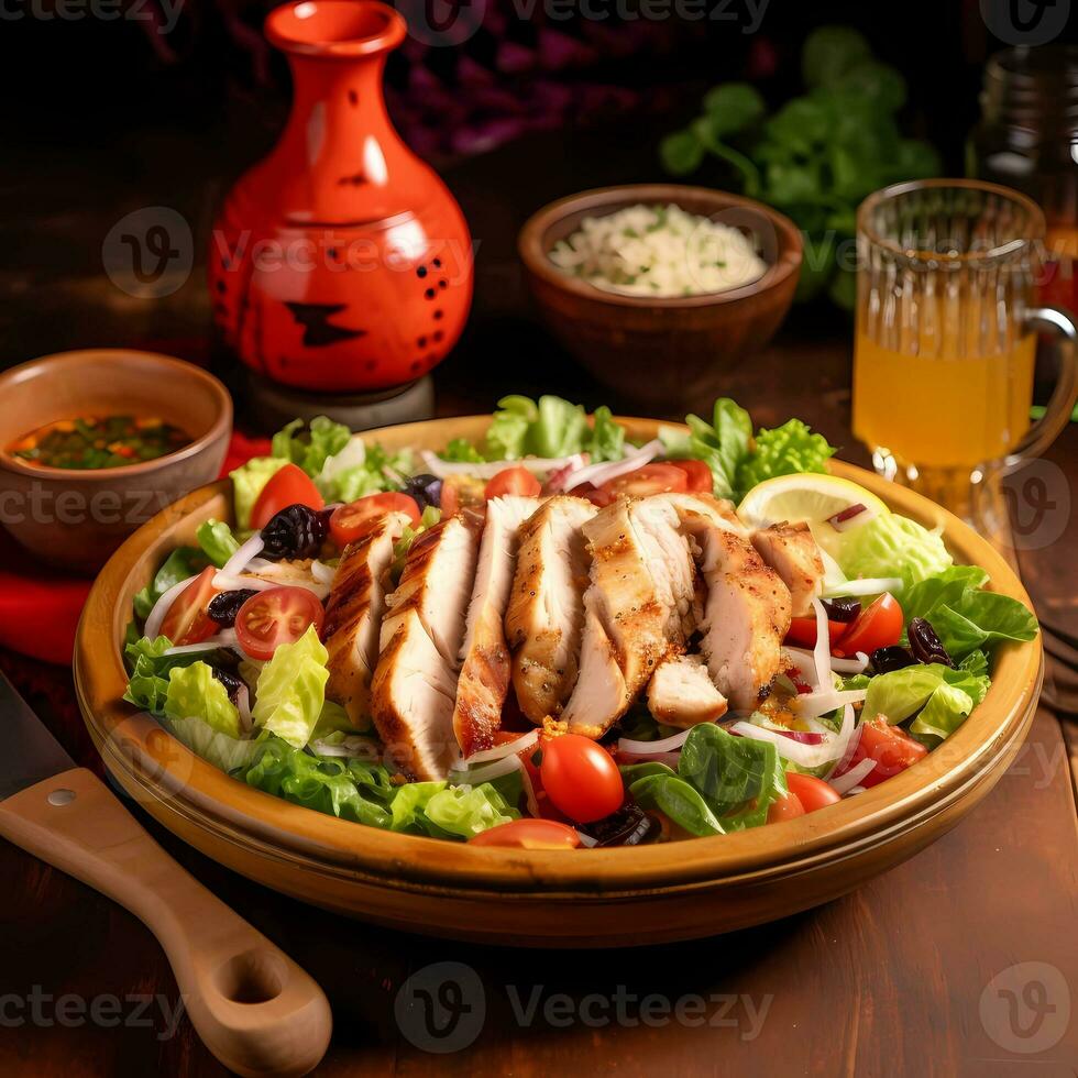 AI Generated Chicken Caesar salad cherry tomatoes in a brown dish on a served table photo
