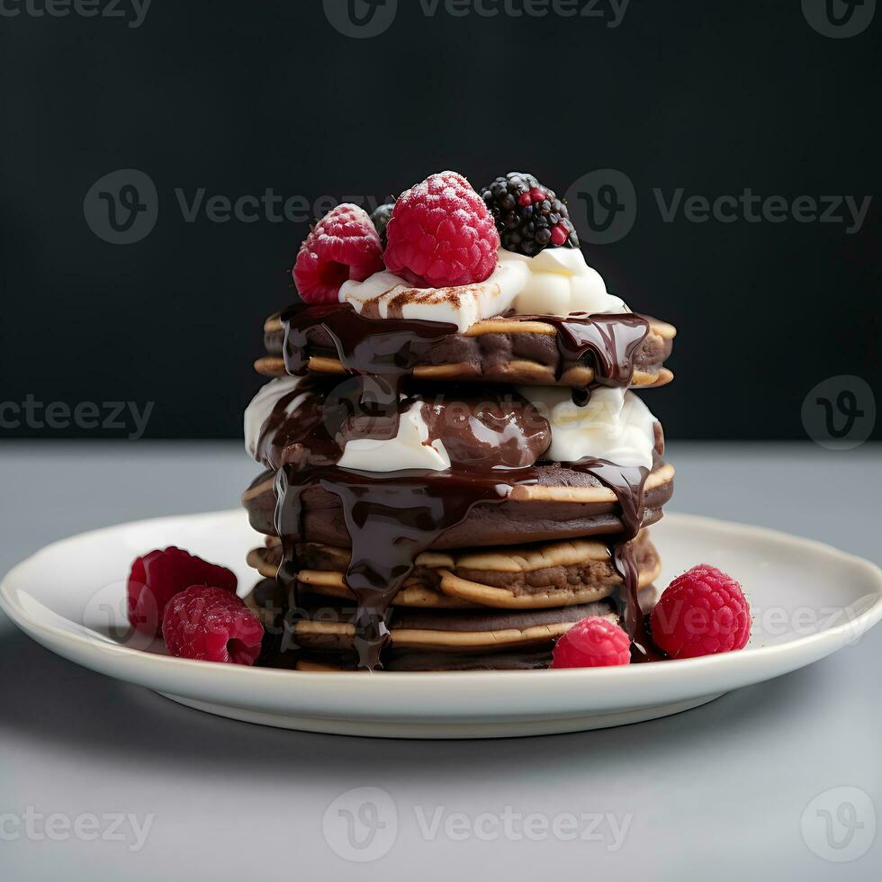 AI Generated A stack of pancakes drips chocolate whipped cream and berries raspberries blackberries photo