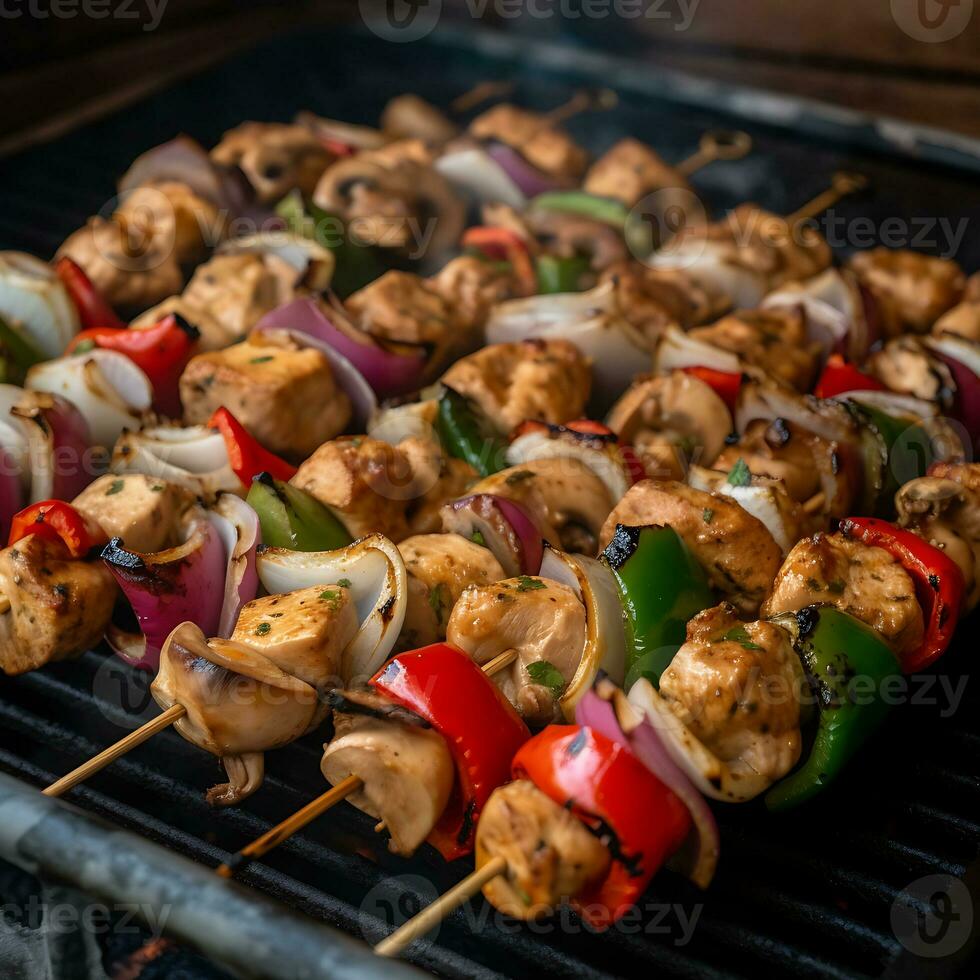 AI Generated Chicken kebab with grilled vegetables. Golden crust on the barbecue. Closeup photo