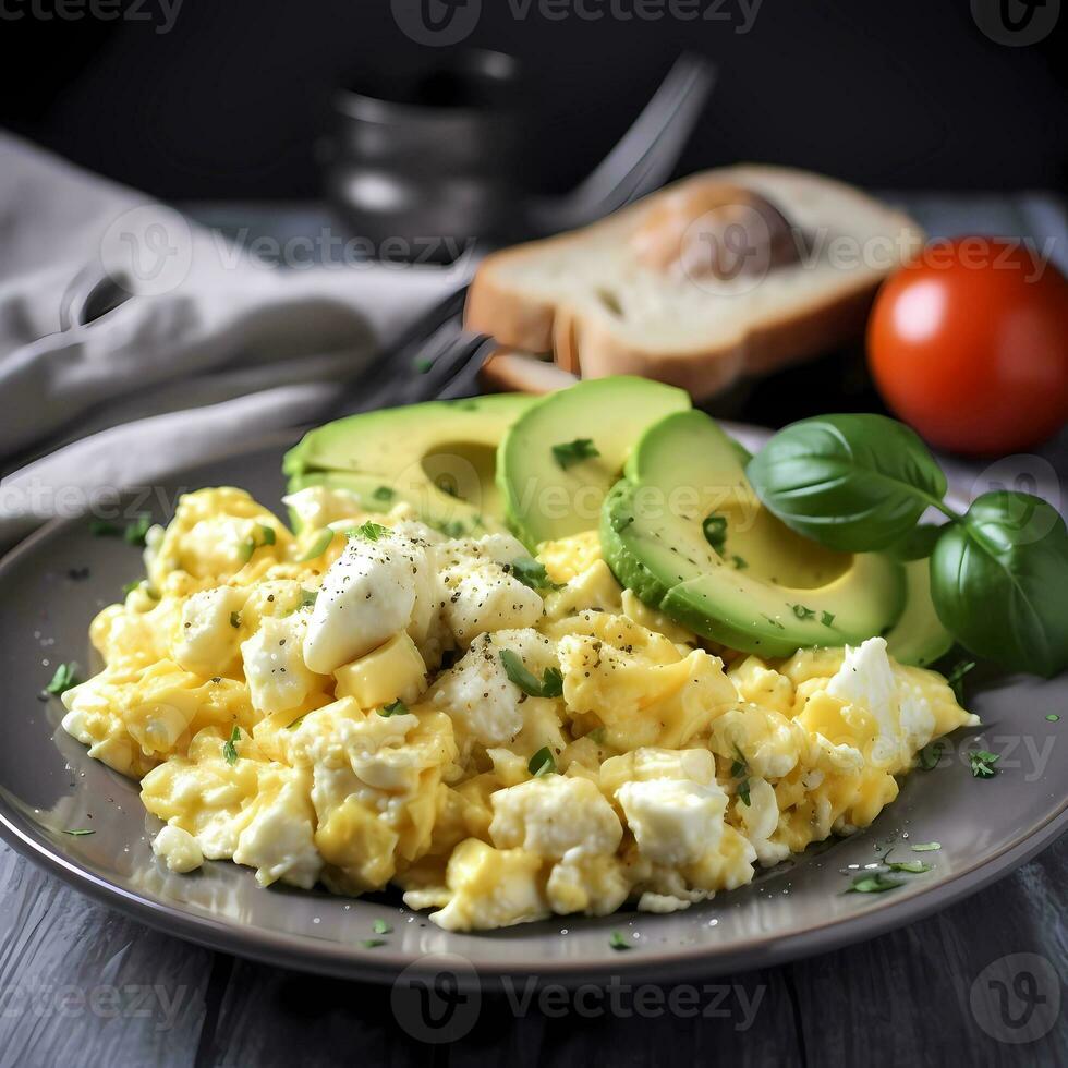 AI Generated Scrambled eggs with avokado and spinach on a gray plate Healthy eating concept photo