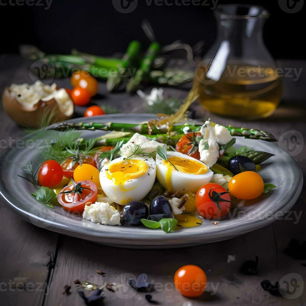 AI Generated Healthy breakfast boiled cherry eggs asparagus olives on grey plate on wooden table photo