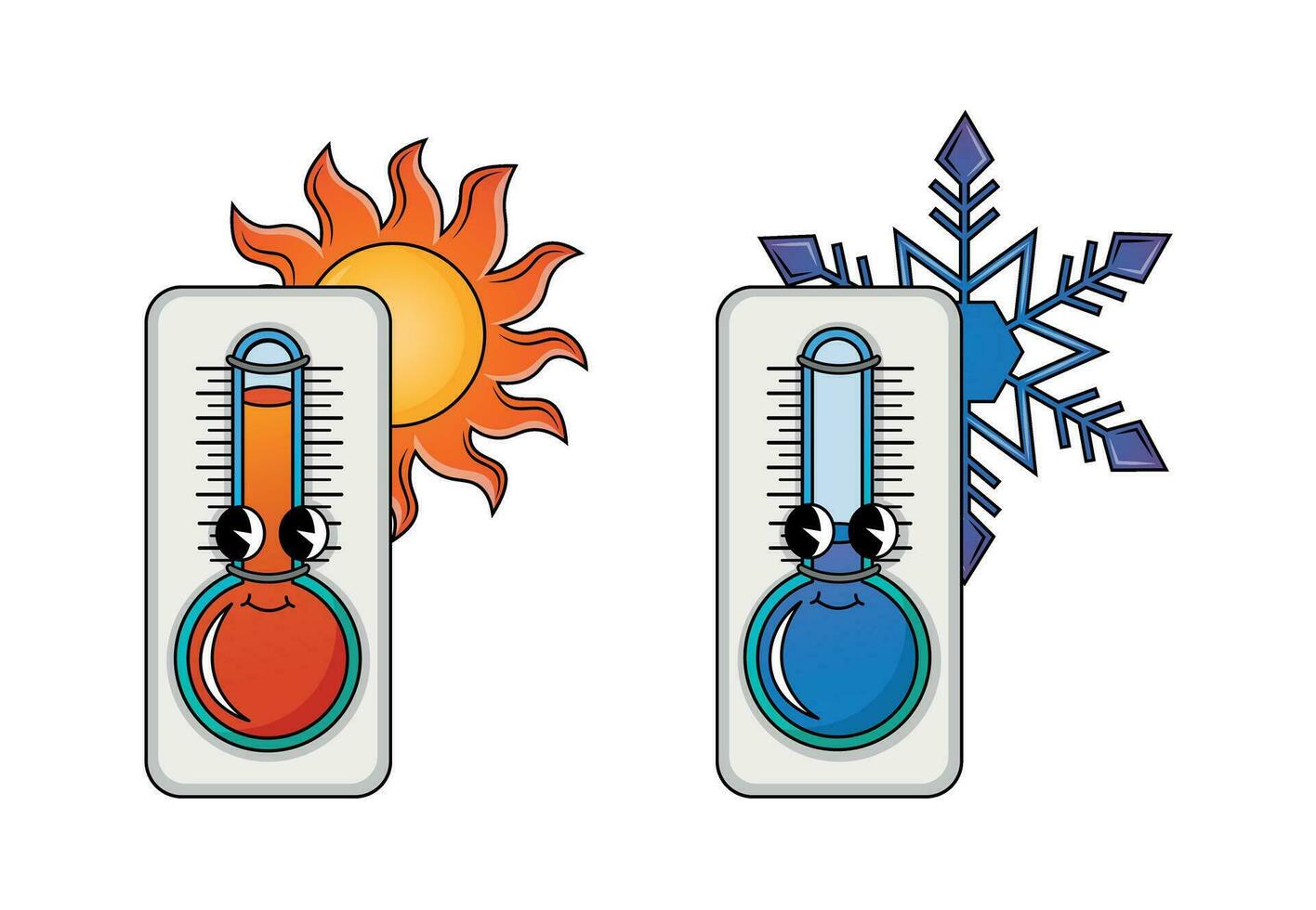 Funny groovy retro clipart meteorological thermometers with sun and snowflake vector