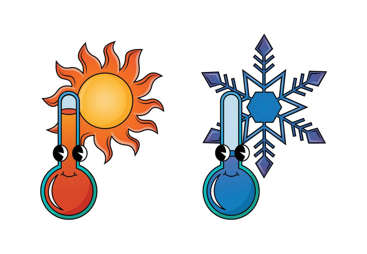 Funny groovy retro clip art of hot and cold temperature thermometers with sun and snowflake vector