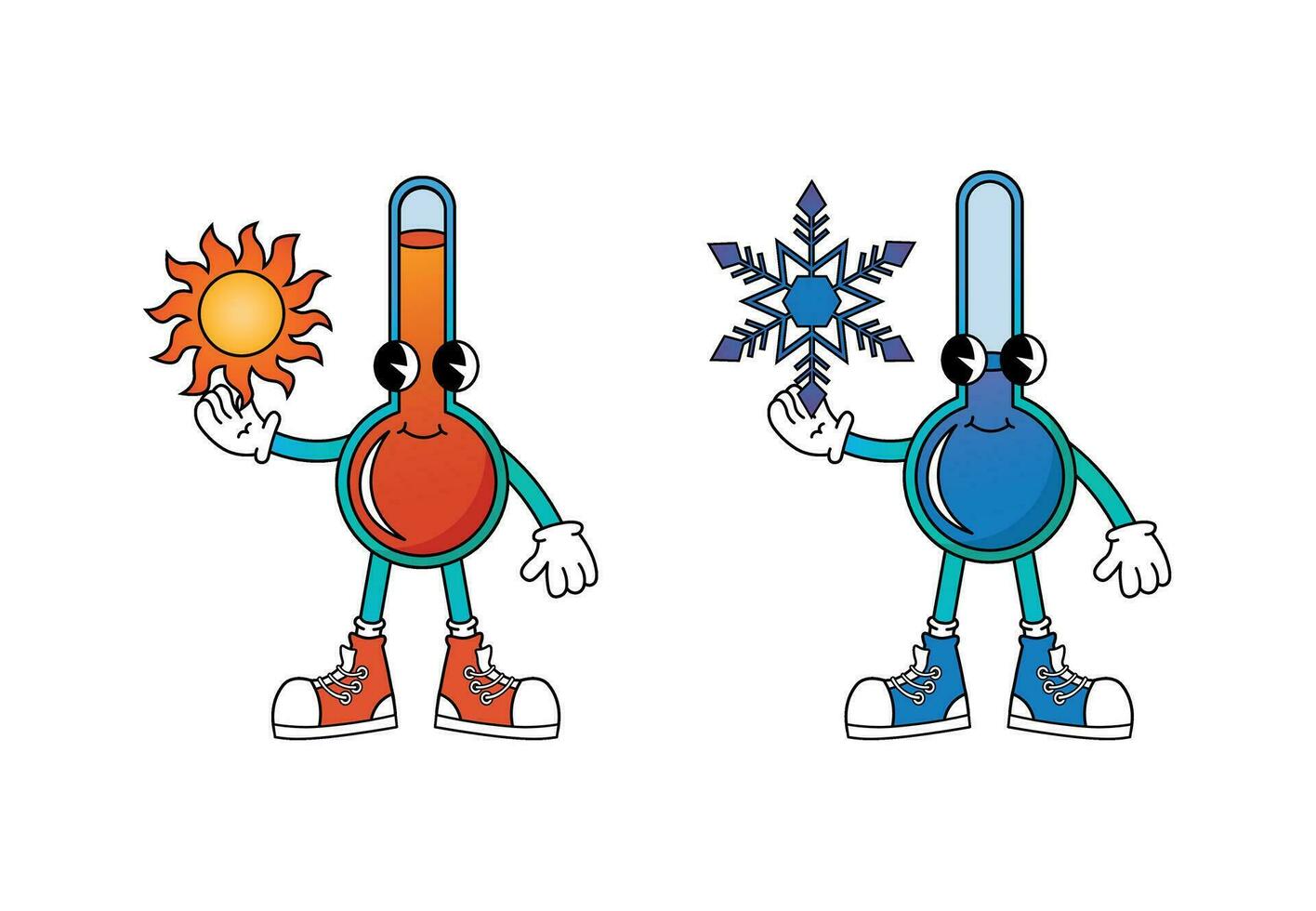 Hot and cold temperature thermometer characters in 70s cartoon style vector