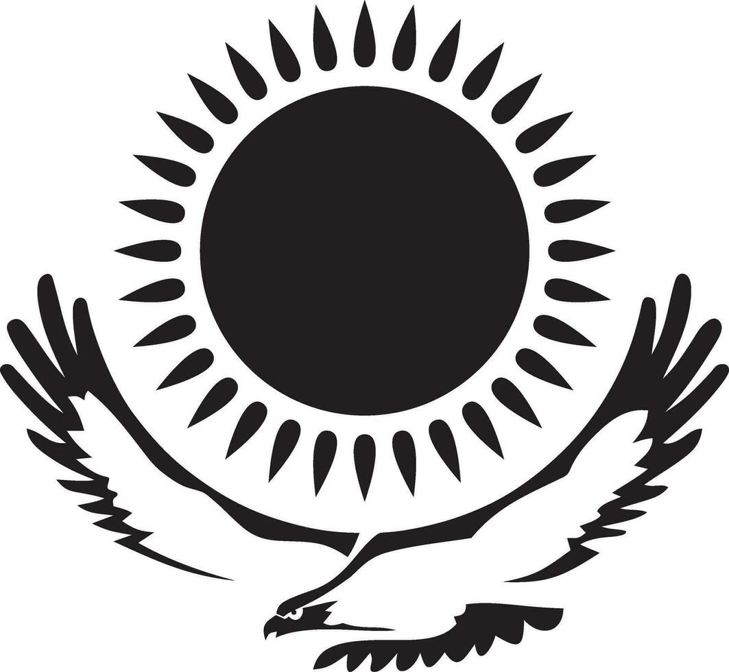 Vector state monochrome coat of arms of the Republic of Kazakhstan. Black national sign Kazakh. Pride and symbol of the state. Sun and golden eagle.