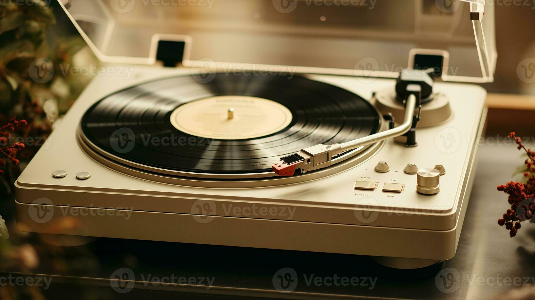 AI generated Generative AI, nostalgic retro vinyl recorder, vintage turntable player, muted colors, aesthetic photo