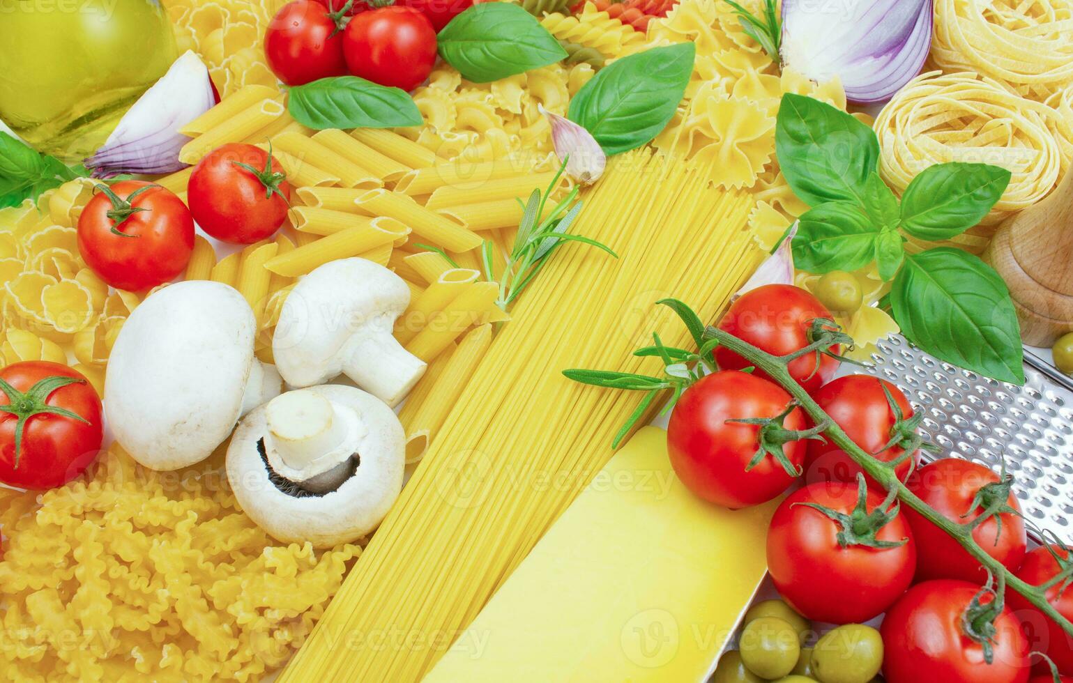 Different types of pasta. Ingredients for making pasta. photo