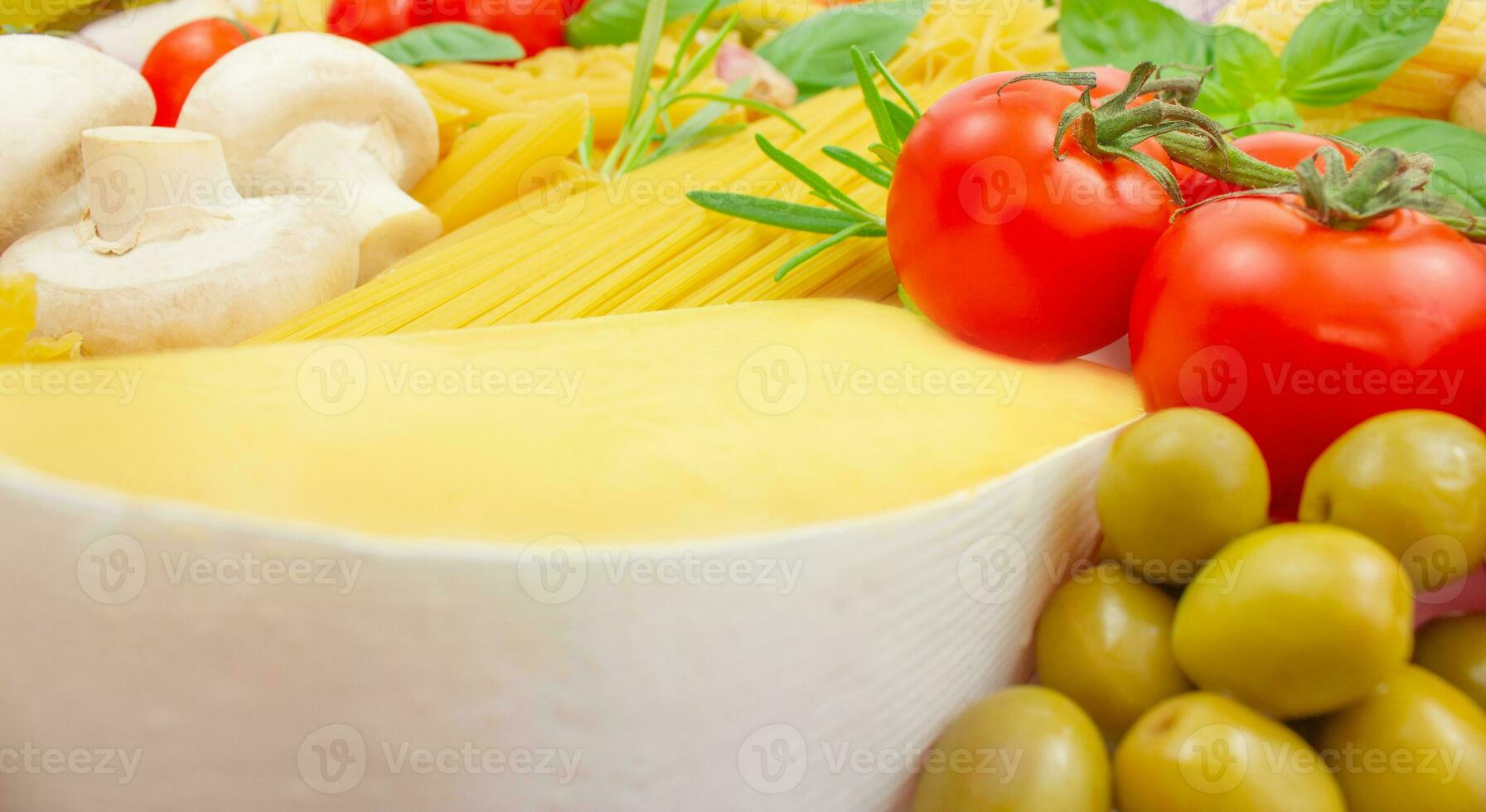 Ingredients for preparing different types of pasta. Italian cuisine. photo