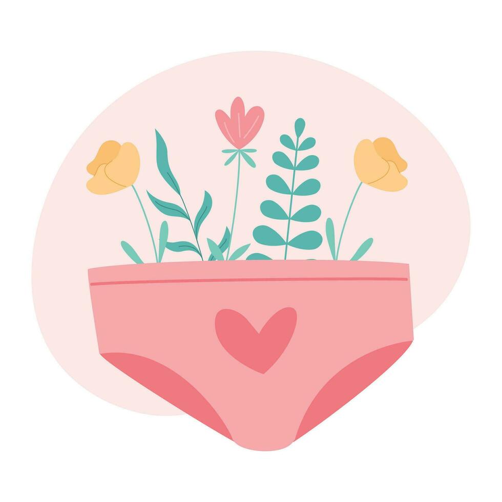 Woman panties with flowers and leaves sticking out. Women menstrual period. Intimate hygiene care. Vector illustration