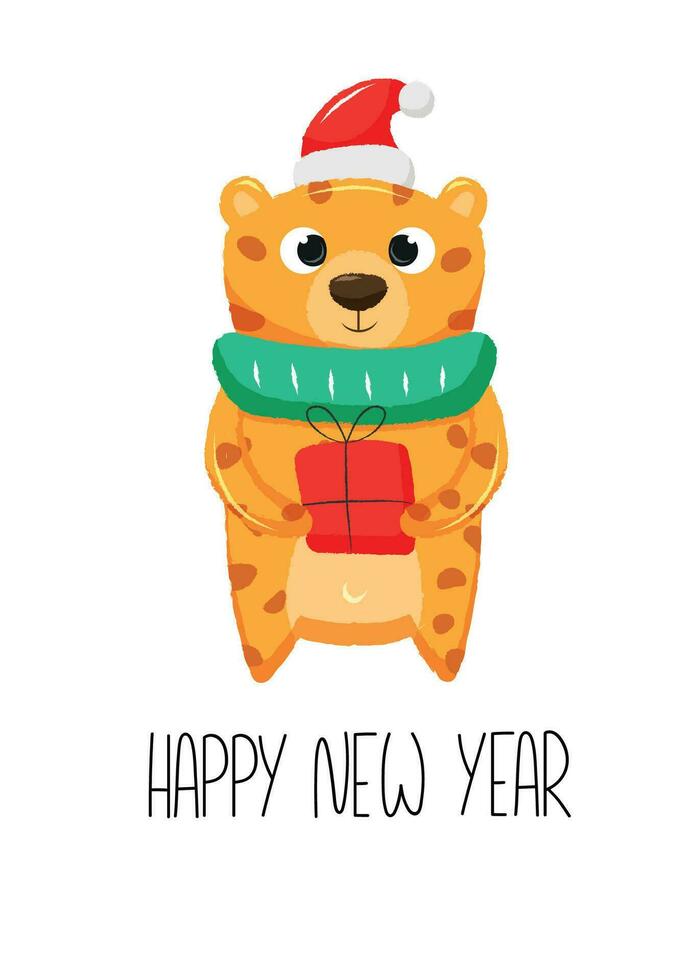 Cartoon cute jaguar character with festive scarf and gift box in paws. vector