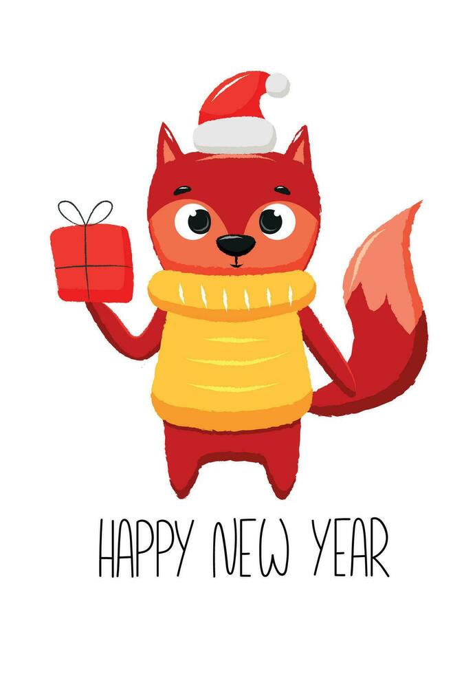 New year card with christmas fox holding gift red box. Vector