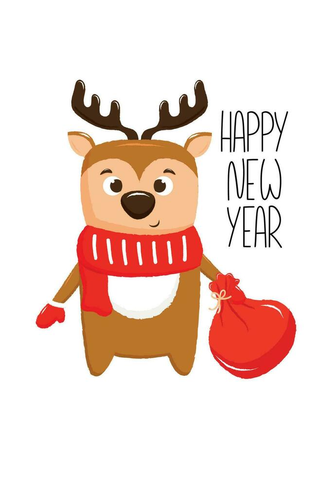 New Year card with cute deer in christmas red scarf and mitens, holds bag with gifts vector