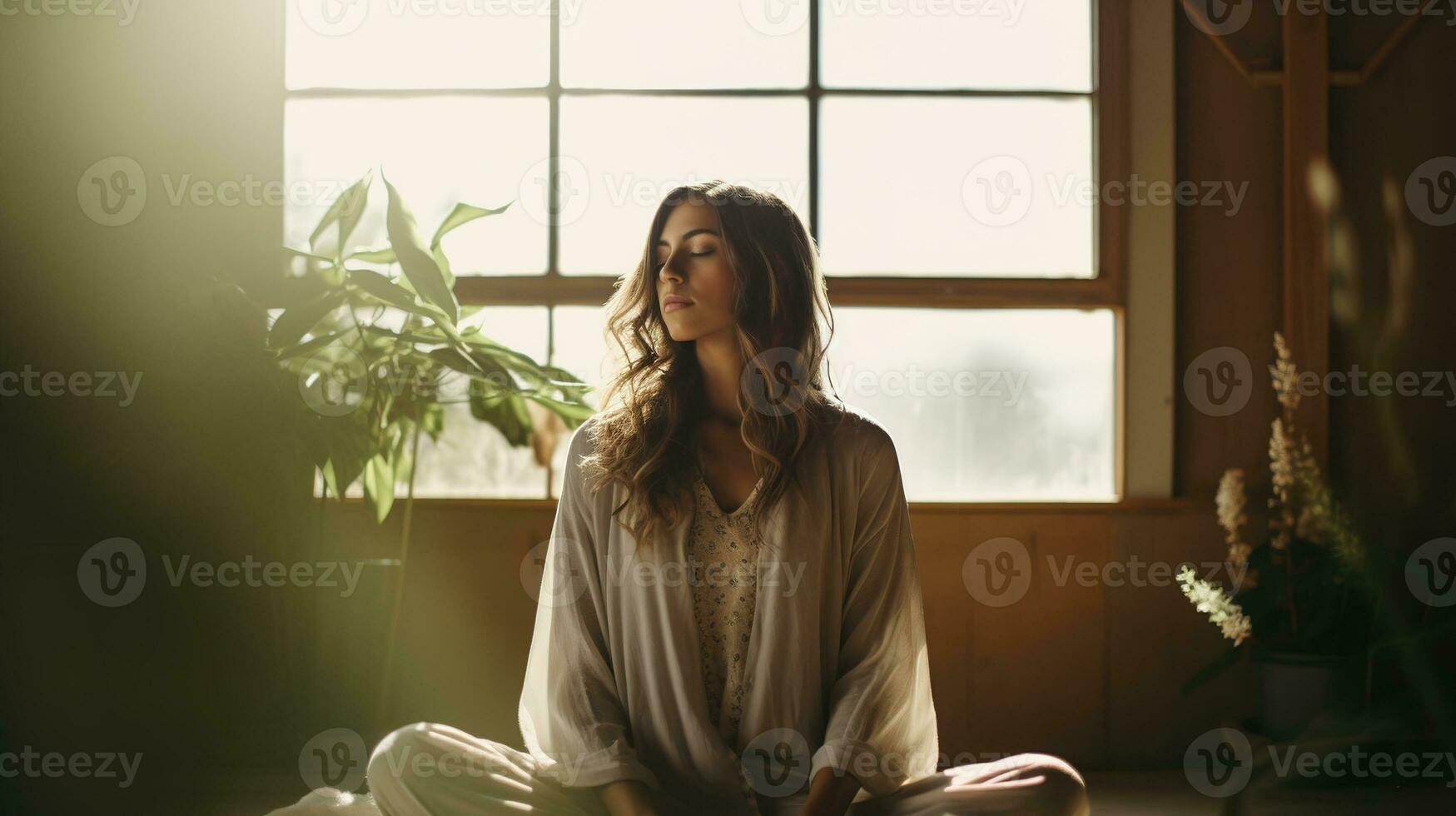 ai generado generativo ai, mujer haciendo meditación, estético apagado beige colores foto