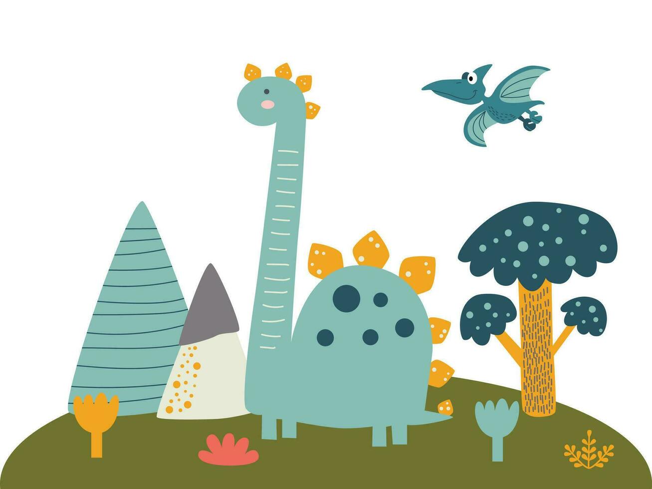 Set of cute baby jurassic dinosaurs, egg, leaf, volcano. Childish prehistoric dino paleontology. Brontosaurus and velociraptor, triceratops and tirex, tyrannosaurus and pterodactylus. vector