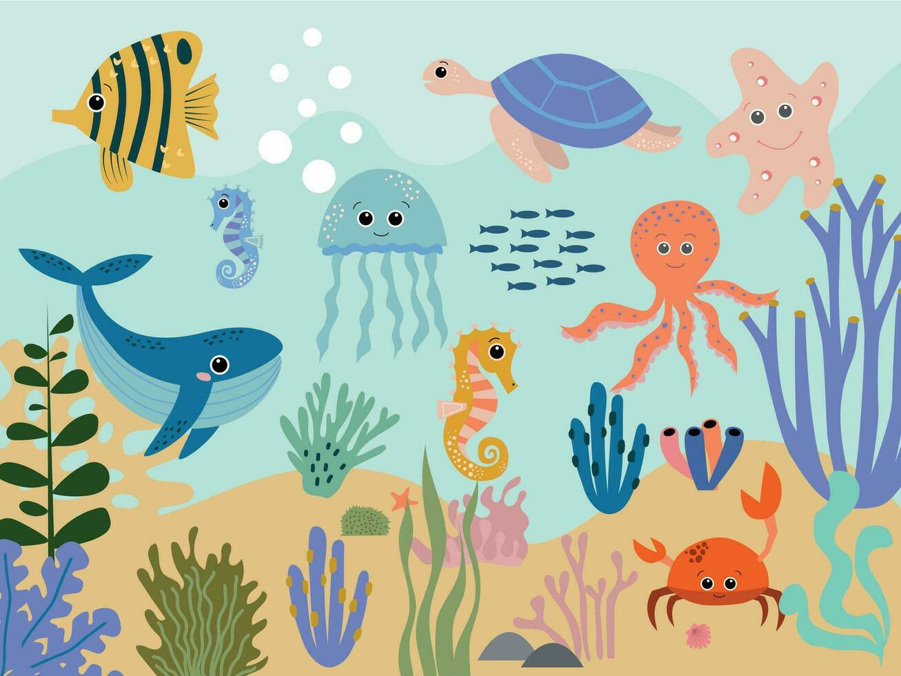 Colorful underwater world with whales and starfish swimming with an octopus amongst the seaweed and rocks, vector cartoon illustration. Vector illustration