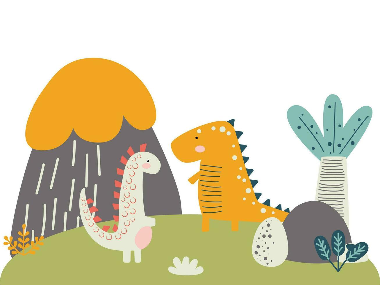 conjunto de linda bebé jurásico dinosaurios, huevo, hoja, volcán. infantil prehistórico dino paleontología. brontosaurio y velociraptor, triceratops y neumático, tiranosaurio y pterodáctilo. vector